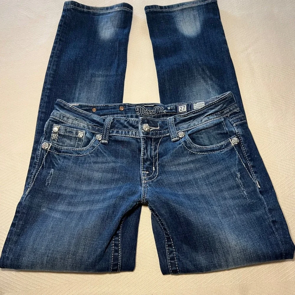 Miss Me Easy Straight Low Rise Embellished Jeans Medium Wash Y2K 27